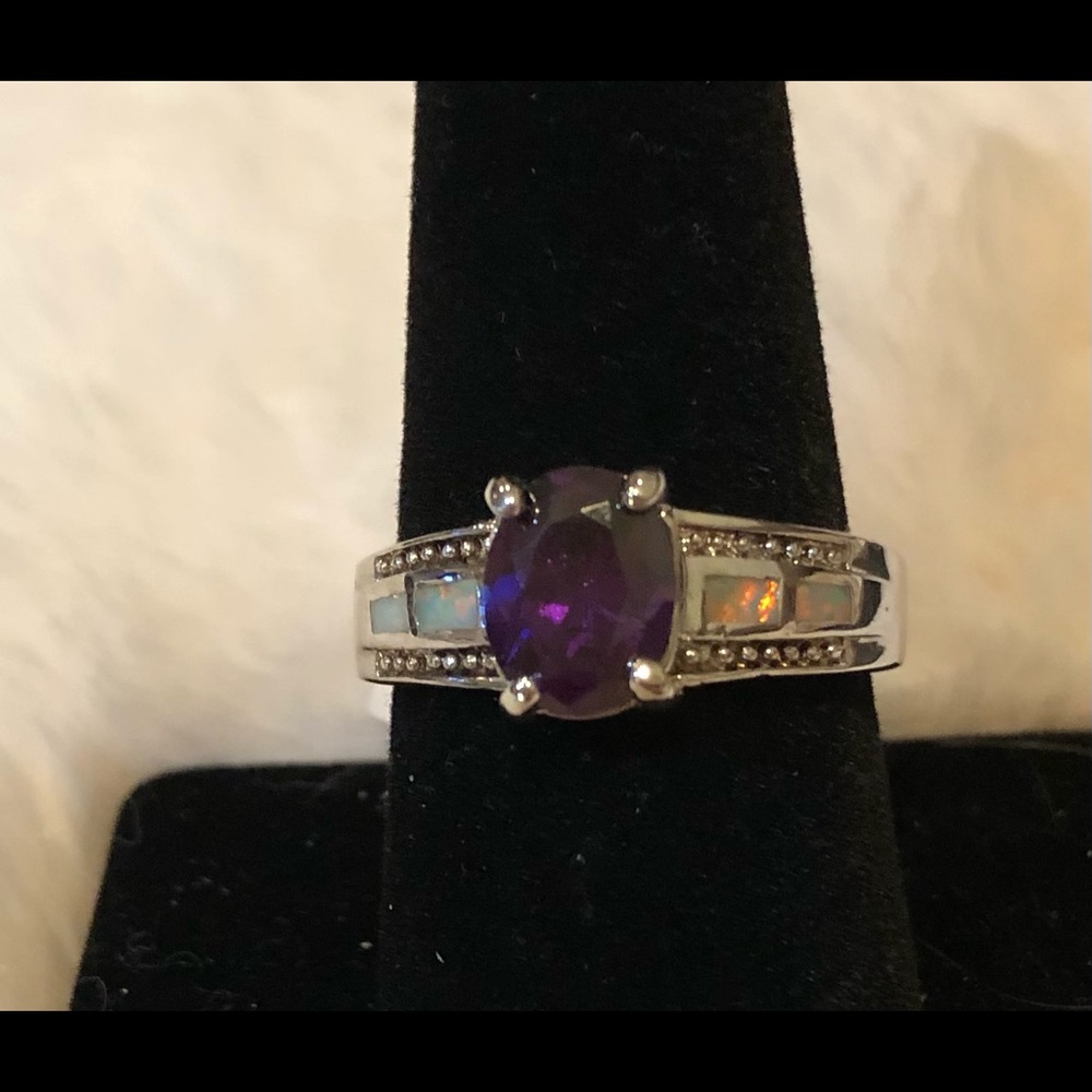 Sterling silver amethyst size 8 ring with mother of Pearl and diamonds!